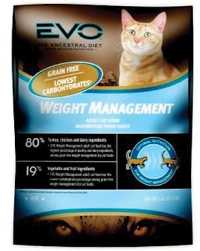 The honored EVO cat food line is designed for weight management, according to Natura.