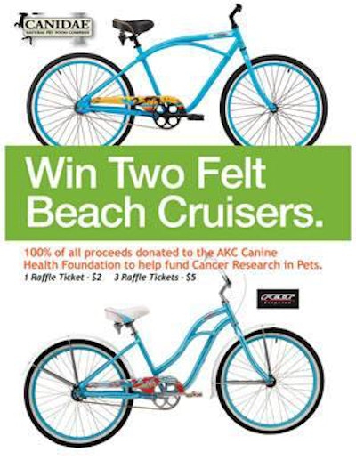 Canidae will raffle off two bikes for pet cancer research at the Amgen Tour of California.