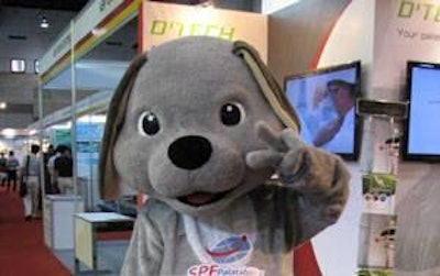 During Victam Asia 2012 in Bangkok, Thailand, a dog mascot directs visitors to the SPF stand to learn about the new Feel Good Program.