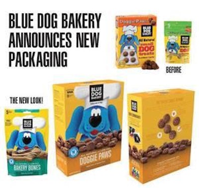 Blue Dog Bakery's redesigned packaging is simpler and features Ruffy, the spokesdog, in 3-D.