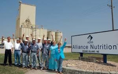 Team members at ADM-Grand Island: (left to right) Darin Sigler, Plant manager, 16 years; Paul Ewers, Production supervisor, 35; Doug Taylor, Maintenance, 1; Max Thompson, Production, 19; Rodney Fiedler, Production, 14; Jay Young, Production, 6; Paul Leetch, Production, 25; Brett Bilslend, Production, 1; Diana McCoy, Customer service, 6; Christine Smith, Customer service, 12.