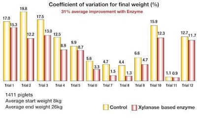 Adding a feed enzyme improved daily gain by more than 5 percent and feed conversion by 4.5 percent.