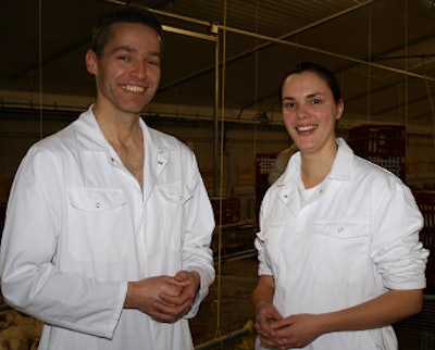 Gosse Veninga, left, Cobb European research director stands with geneticist Marieke Meeuwes at Cobb&rsquo;s Herveld pedigree farm.