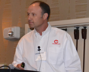 Chad Mason, breeder hatchery manager with Columbia Farms, speaks at the USPOULTRY Hatchery-Breeder Clinic.