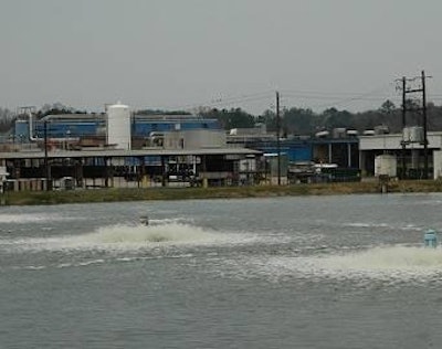 Shown are the aerators in the 3.6 million gallon final effluent flow equalization basin, FEB. The effluent from this FEB travels through the ultraviolet disinfection system prior to discharge into the Coosa River. This is the location from where treated wastewater is taken for phosphorus removal in the planned dissolved air flotation, DAF.