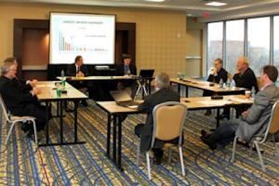 From top left: William Roenigk, National Chicken Council; Dr. Lloyd Keck, Pfizer Animal Health; moderator Gary Thornton, WATT PoultryUSA; Dr. Paul Aho, Poultry Perspective; Jim Sumner, USA Poultry & Egg Export Council; Steve Anderson, Lamex Foods; Dr. Steven Clark, Pfizer Animal Health; Gordon Butland, G&S Agri Consultants.