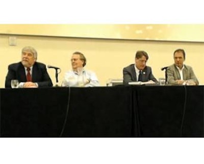 The “Defining Environmental Sustainability” panelists grappled with how to communicate sustainability efforts and other industry-wide improvements to consumers, specifically the millennial generation, who will define the future of sustainability. From left: Roger Cady, Elanco; Dr. Jason Clay; World Wildlife Fund; Aidan Connolly; Alltech; Dr. Mitch Abrahamsen, Cobb-Vantress.