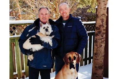 Courtesy Pipeline Pet Products | Pipeline Pet Products CEO Brad Hatt and President Kevin Treuer, with Cairn Terrier Luke and Great Dane Buddy, have focused on expansion as the best way to make their mark in the healthy pet products segment.