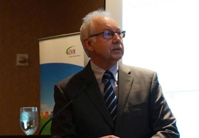 Dr. Gilbert Weber, senior science fellow for animal nutrition and health with DSM, speaks at a presentation at the International Processing & Production Expo in Atlanta on Tuesday, Jan. 26. Photo by Austin Alonzo.