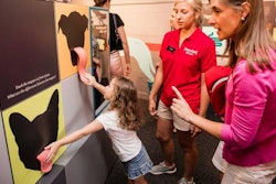 Emma Hiatt, 4, examines life-like dog and cat tongues, which give clues about pets’ food preferences, during the July 14, 2016, grand opening of Better with Pets. | courtesy Purina
