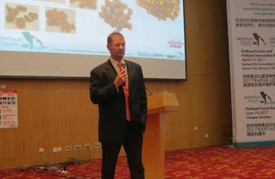 Will Henry, director of R&D and technology for Extru-Tech Inc., discussed misconceptions about high meat pet food extrusion during a session at Petfood Forum China 2016. | Debbie Phillips-Donaldson