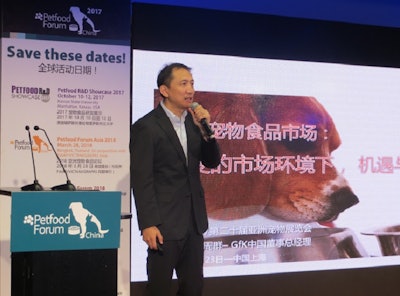 The potential for further pet food growth in China is high as more households own pets, said Alfred Zhou of GfK, during Petfood Forum China 2017. l Debbie Phillips-Donaldson