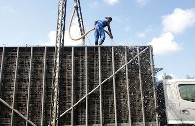 Caged birds can be sprayed once they are loaded onto trucks to remove fecal matter. | Eduardo Cervantes Lopez