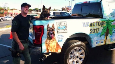 Ford and Lucy Pet will honor several US service dogs, such as Jax, a member of the Oxnard, California, Police Department K9 unit, who is featured on the Ford Super Duty F-250, which is part of the tour. | Courtesy Lucy Pet Products