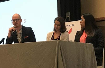 Dr. Eric Schulze, vice president of product and regulation at Memphis Meats (left), answers questions at the 2018 American Meat Science Association Reciprocal Meat Conference in Kansas City, Missouri. | Austin Alonzo