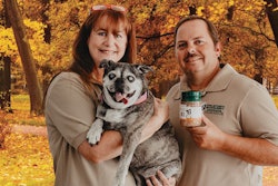 Victoria McDowell, CEO, here with Chief Operations Officer Jim Maciborski and Missy Mulligan McDowell the Bugg (Terrier/Pug mix) looks to constantly improve her company’s selections to help dog owners maintain optimal health for their pets. | Photo courtesy Miss Autumn’s Barquery
