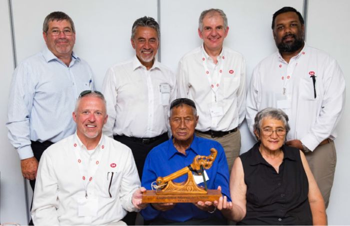 Celebrating Cobb's new facility in New Zealand are, front row from left, JOel Sappenfield, president of Cobb-Vantress; elder Patrick Kingi; Rangimaako Witika, local landowner; and, back row, Alan Sanson, mayor of Waikato District Council; Glen Tupuhi, chairman of Nga Muka Development; Roy Mutimer, vice president of operations, Cobb-Vantress; and Jimmy Chand, general manager, Cobb New Zealand. (Cobb-Vantress)