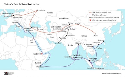 The ambitious Chinese Belt and Road Initiative will connect Central Asia to Europe and China. l Geopolitical Information Services, 2017