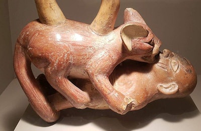A pre-Hispanic ceramic jar from coastal Peru featuring a big cat attacking a man on display at the Larco Museum in Lima, Peru. (Tim Wall)