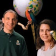 TOP’s Parrot Food Co-owners Gary Rubin and Kristen Ertischek pose with a few of their brightly colored customers: Ernie the Congo African Grey, Sebastian the Catalina Macaw, Chaco the Blue Front Amazon and Sancho the Green Wing Macaw. | Photo by Pedro Peraza, courtesy TOP’s Parrot Food | Birds courtesy Exotic Bird Rescue of Oregon