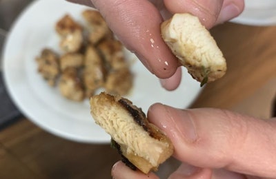Future Meat Technologies, developer of cell-cultured foods, has raised US$14 million in a recent funding round. The company hopes to build a plant and open it in 2020. Among the companies creations are cell-cultured chicken meat, show below in comparison to farmed chicken meat, above. (Dudi Moskovitz | Future Meat Technologies)