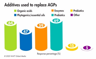 As part of their AGP replacement strategy, respondents report utilizing and/or combining probiotics (69%), organics acids (64%) and enzymes (59%). Forty-seven percent include phytogenic feed additives. (WATT Global Media)