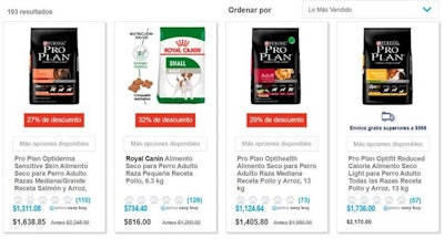 Online platforms in Mexico, such as Petco.com, typically show the discount and regular prices of pet foods. l Courtesy Petco.com.mx