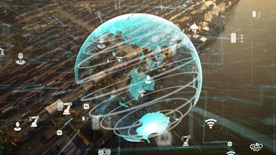 Shipping Harbor Aerial View With Graphic Of Network Technology M