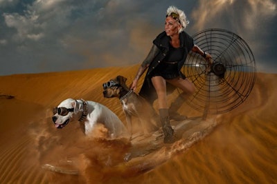 Post Apocalyptic Dog With Woman In Desert