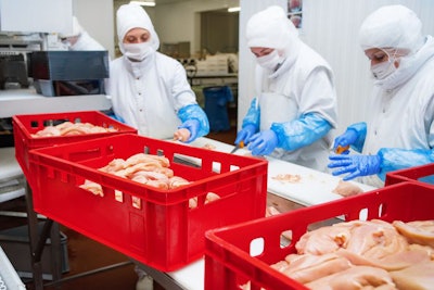 Food Products Meat Chicken In Plastic Packaging On The Conveyor.