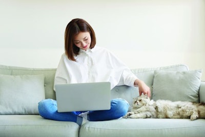young asian businesswoman working at home using laptop computer while caressing pet cat