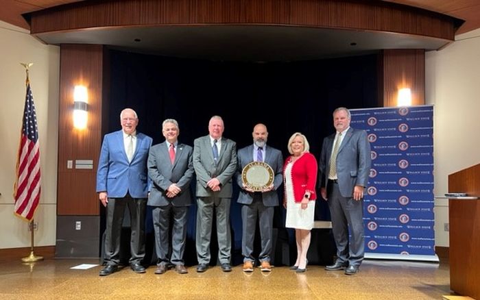 Economic Development Director Dale Greer, Hanceville Mayor Kenneth Nail, Cullman County Commission Chairman Jeff Clemons, River Valley Ingredients Regional Manager Jason Spann, Dr. Vicki Karolewics, Dept. of Commerce Ted Clem celebrate Tyson Foods&rsquo; investment in the Hanceville community. (Sara Gladney | The Cullman Tribune)