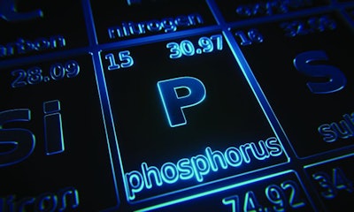 Focus on chemical element Phosphorus illuminated in periodic table of elements. 3D rendering