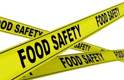 Yellow warning tapes with black text FOOD SAFETY. Isolated. 3D Illustration