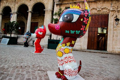 HAVANA, CUBA - NOVEMBER 26, 2015: Xico sculptures on San Francisco de Asis Square in Havana, Cuba. This 16 dog sculptures which symbolizes friendship and cultural exchanges among peoples are made by artists from Cuba and Latin America.