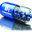 Vitamin B1 capsule. Pill with thiamine. Dietary supplements. 3d illustration