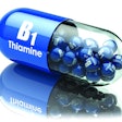 Vitamin B1 capsule. Pill with thiamine. Dietary supplements. 3d illustration