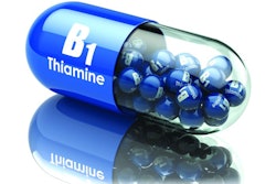 Vitamin B1 capsule. Pill with thiamine. Dietary supplements. 3d illustration