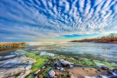 Fishing pier on an icy Chesapeake Bay in late Autumn