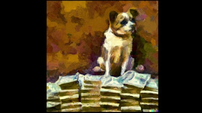 Dall·e 2023 05 09 11 59 43 Impressionist Painting Of Dog Sitting On Pile Of Money