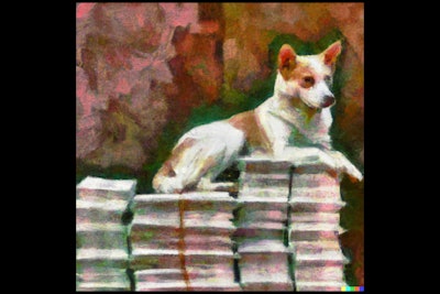 Dall·e 2023 05 09 11 59 45 Impressionist Painting Of Dog Sitting On Pile Of Money