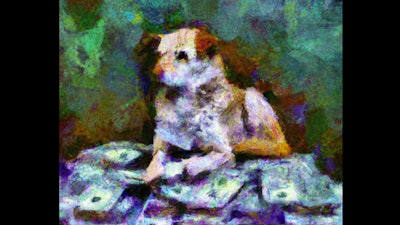 Impressionist Painting Of Dog Sitting On Pile Of Money