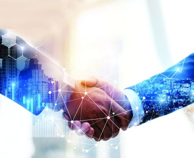 Business Partnership. business man investor handshake with effect global network link connection and graph chart of stock market graphic diagram, digital technology, internet and partnership concept