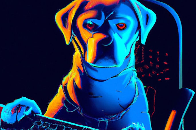 Dall·e 2023 05 18 13 42 14 Cyberpunk Art Of Dog Using Computer