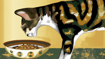 Dall·e 2023 05 18 14 08 22 Cat Eating From Golden Bowl, In Style Of Ancient Egyptian Fresco
