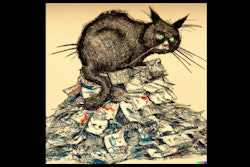 Dall·e 2023 06 14 08 44 29 Ralph Steadman Drawing Of Cat On Pile Of Money