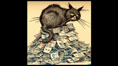 Dall·e 2023 06 14 08 44 29 Ralph Steadman Drawing Of Cat On Pile Of Money
