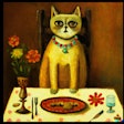 Dall·e 2023 07 19 13 17 47 Oil Painting Of Cat Sitting On Dinner Table, In Style Of Frida Kahlo