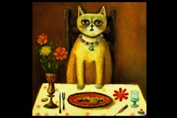 Dall·e 2023 07 19 13 17 47 Oil Painting Of Cat Sitting On Dinner Table, In Style Of Frida Kahlo