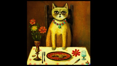 Dall·e 2023 07 19 13 17 47 Oil Painting Of Cat Sitting On Dinner Table, In Style Of Frida Kahlo